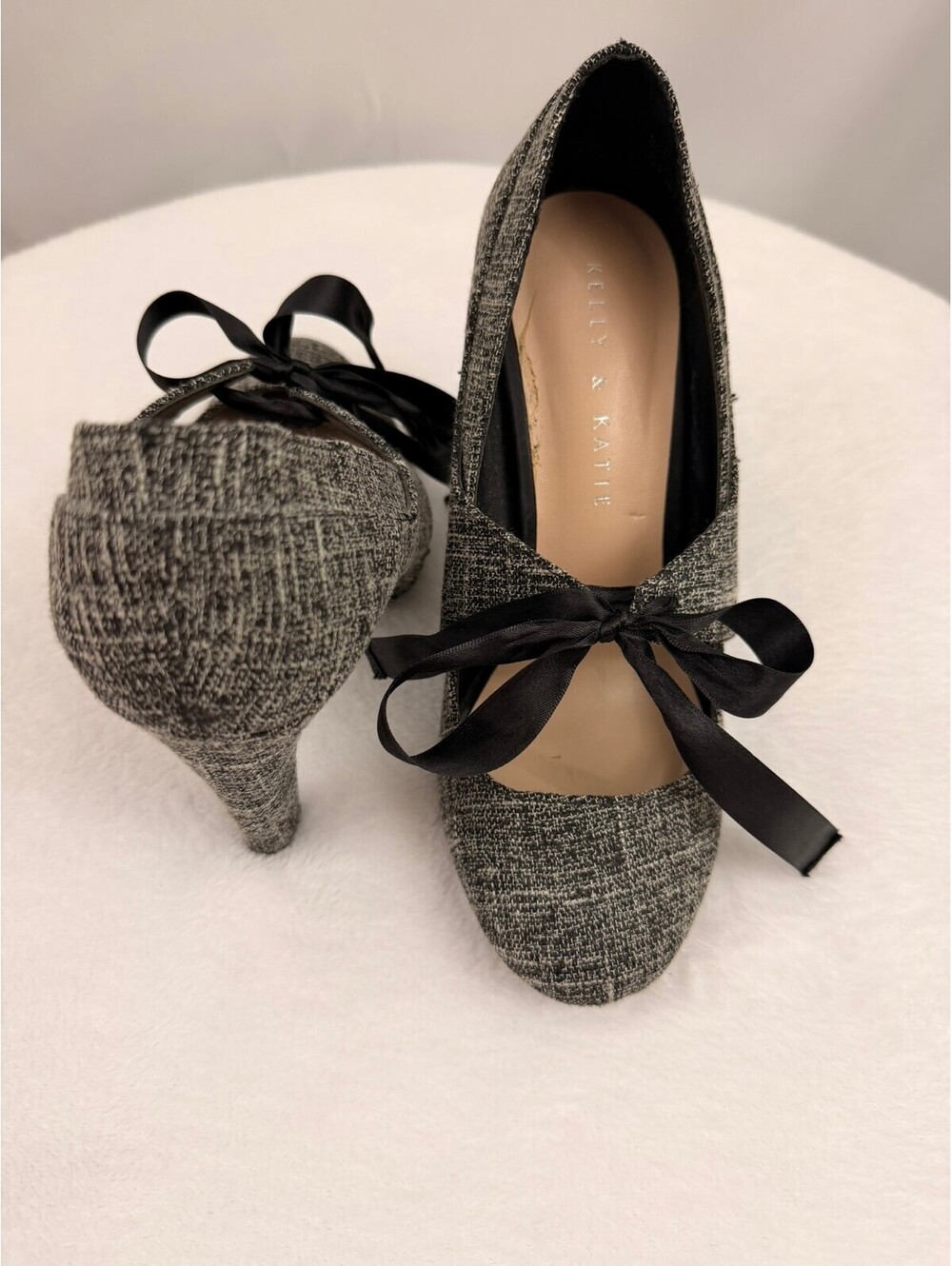 Kelly & Katie Linosa Ribbon Tie Round Toe Mary Jane Pump Womens 7.5 Gray Tweed